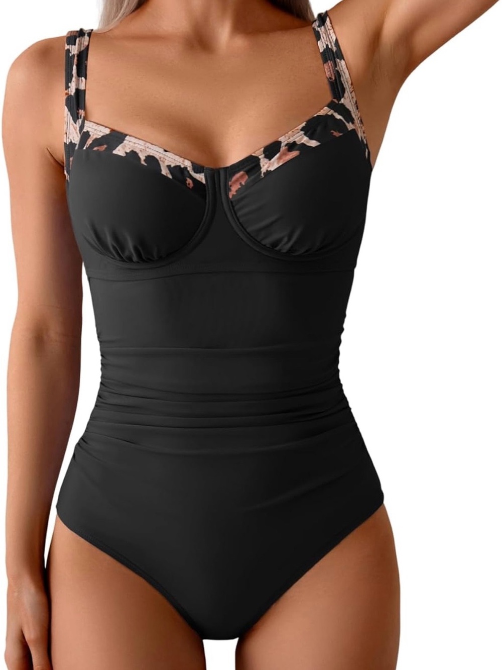 Black One-Piece Swimsuit with Leopard Trim